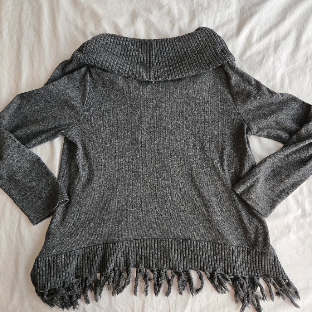 Rafaella sz L Petite grey cowl neck fringe tassel hem cotton blend sweater - Picture 6 of 9